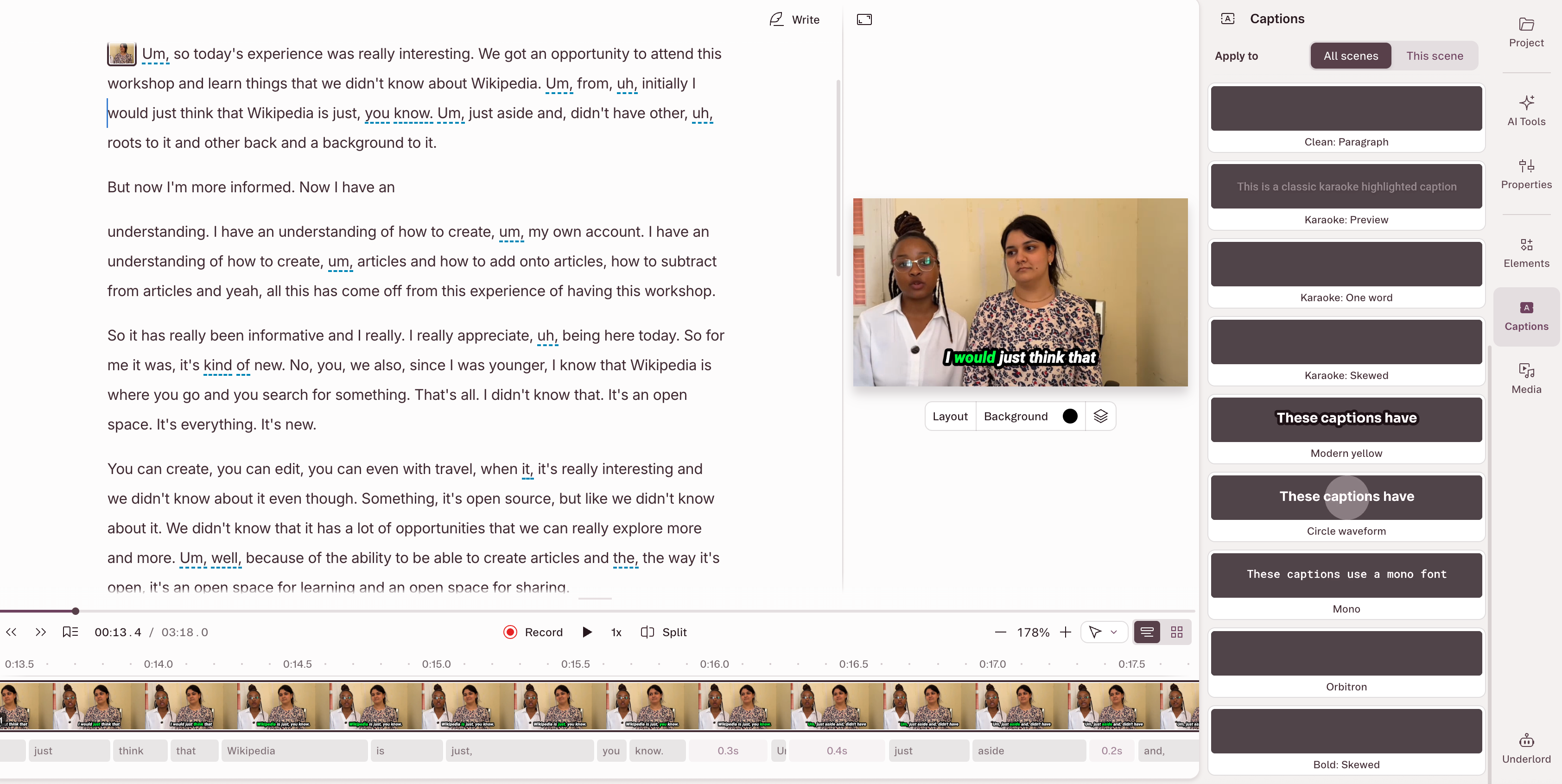 Descript transcript-based caption editing interface