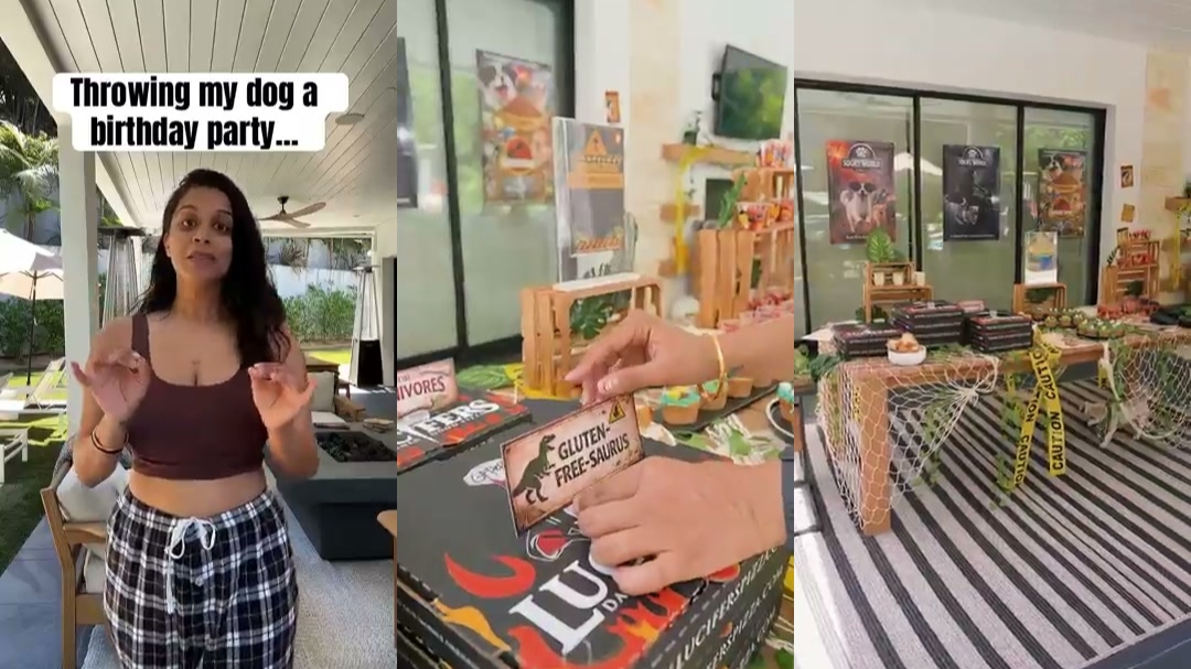 Scenes from Lilly Singh’s Jurassic-themed dog birthday celebration