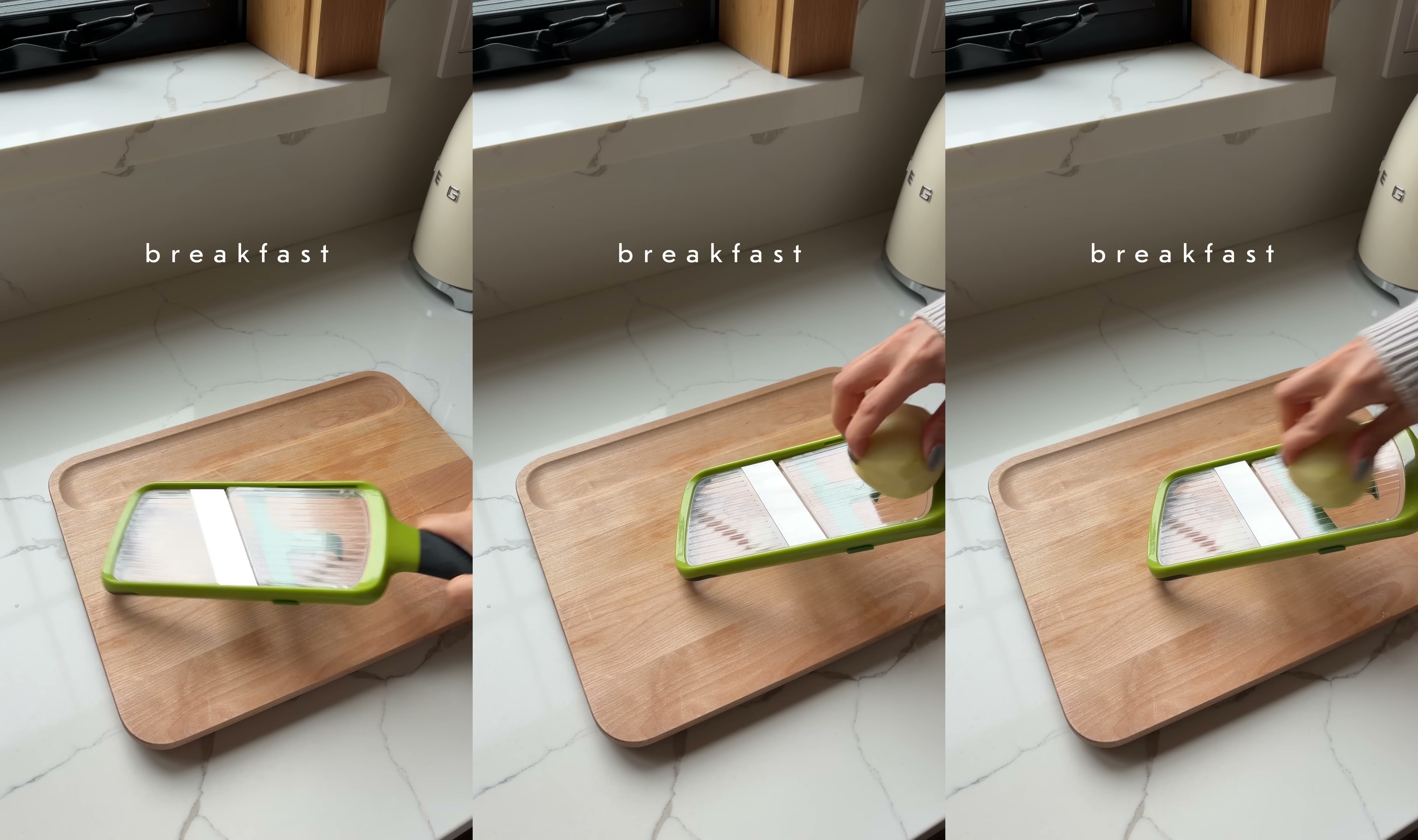 Close-up of breakfast preparation in Jenn Im's kitchen, potato slices arranged before cooking