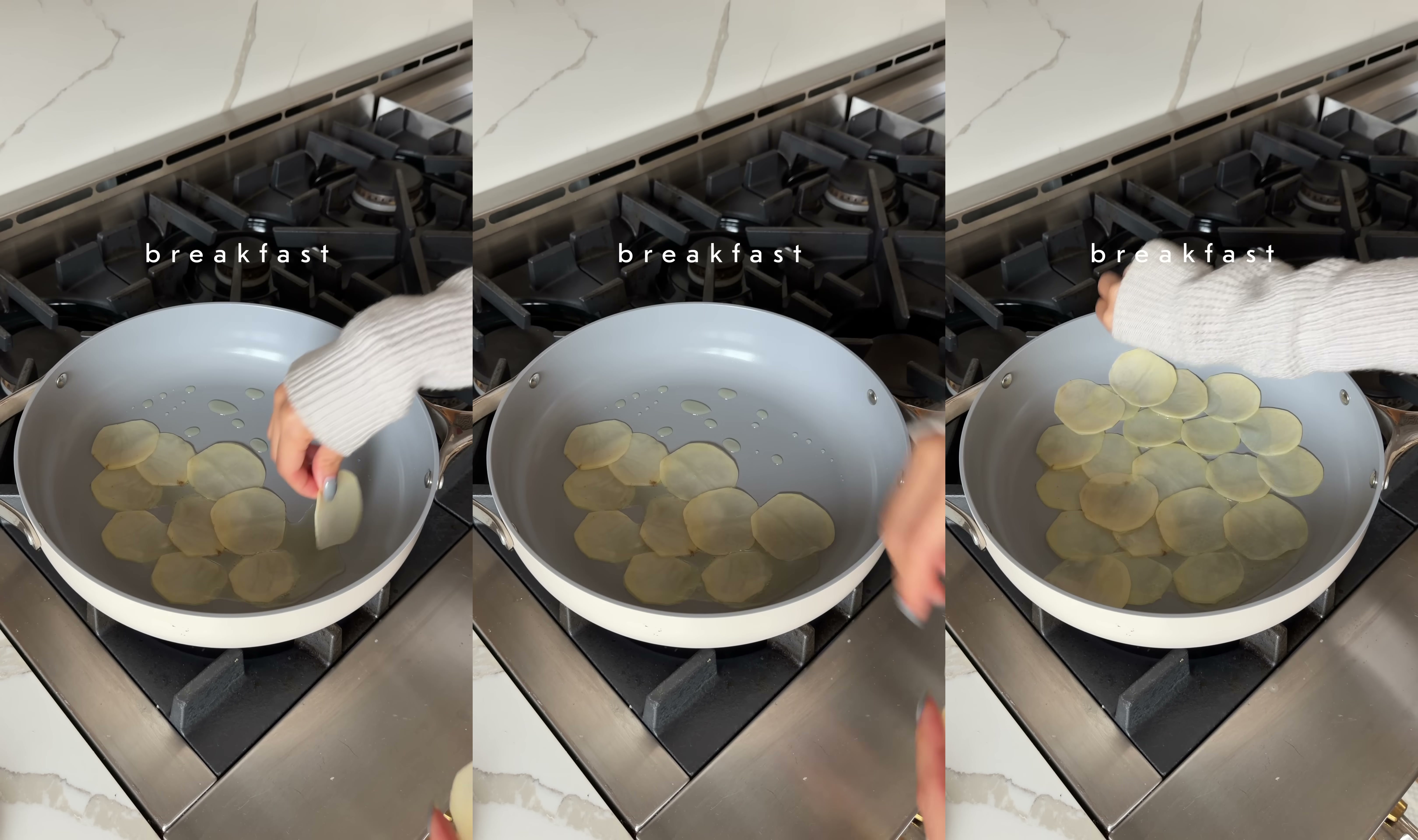Thin, even potato slice pattern on a mandoline slicer during breakfast prep