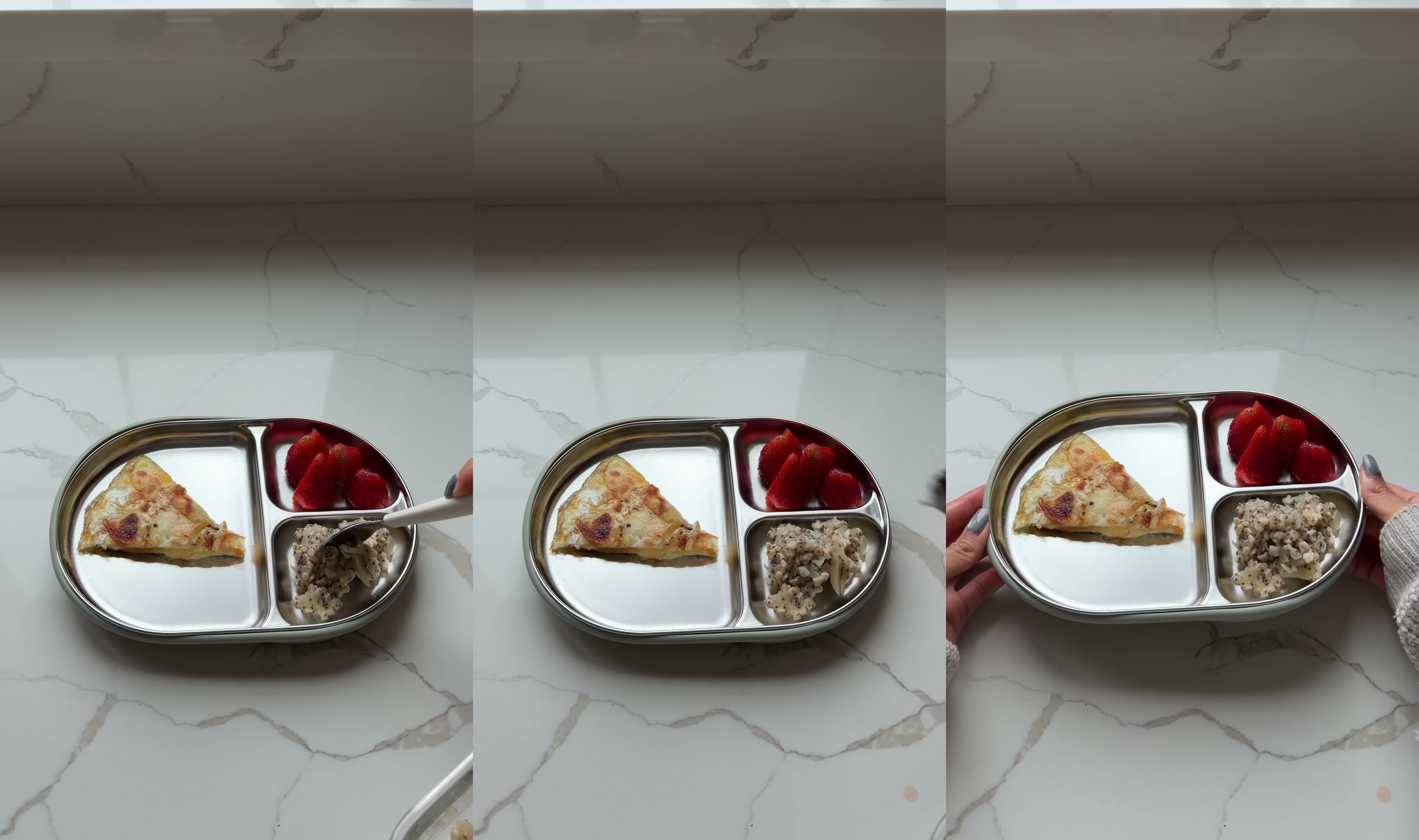 A colorful, neatly plated breakfast with vibrant fruit and prepared components