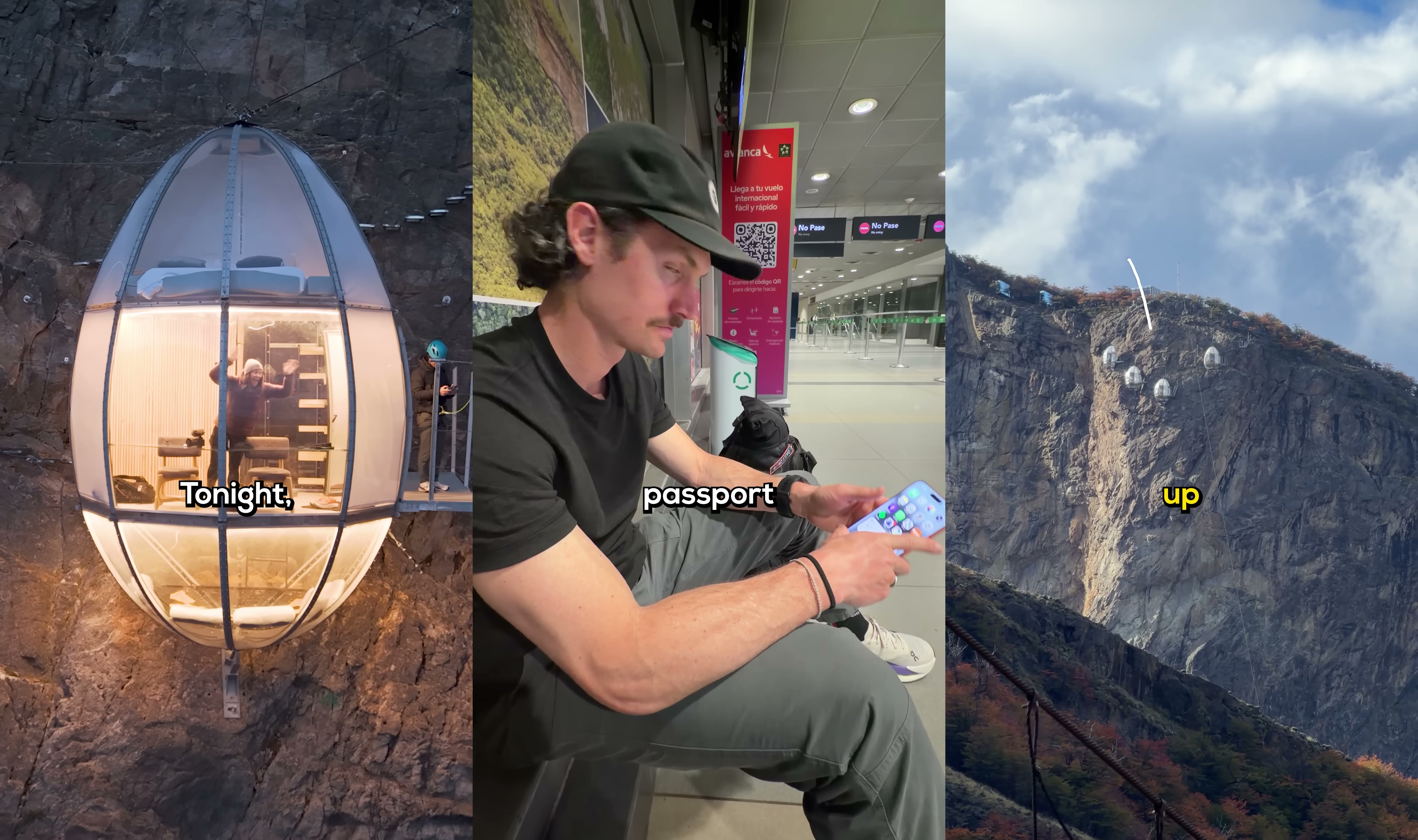 Three frames from the short: the glowing pod on a dark cliff at night, an airport bench scene captioned "passport", and a wide cliff face with pods hanging from it