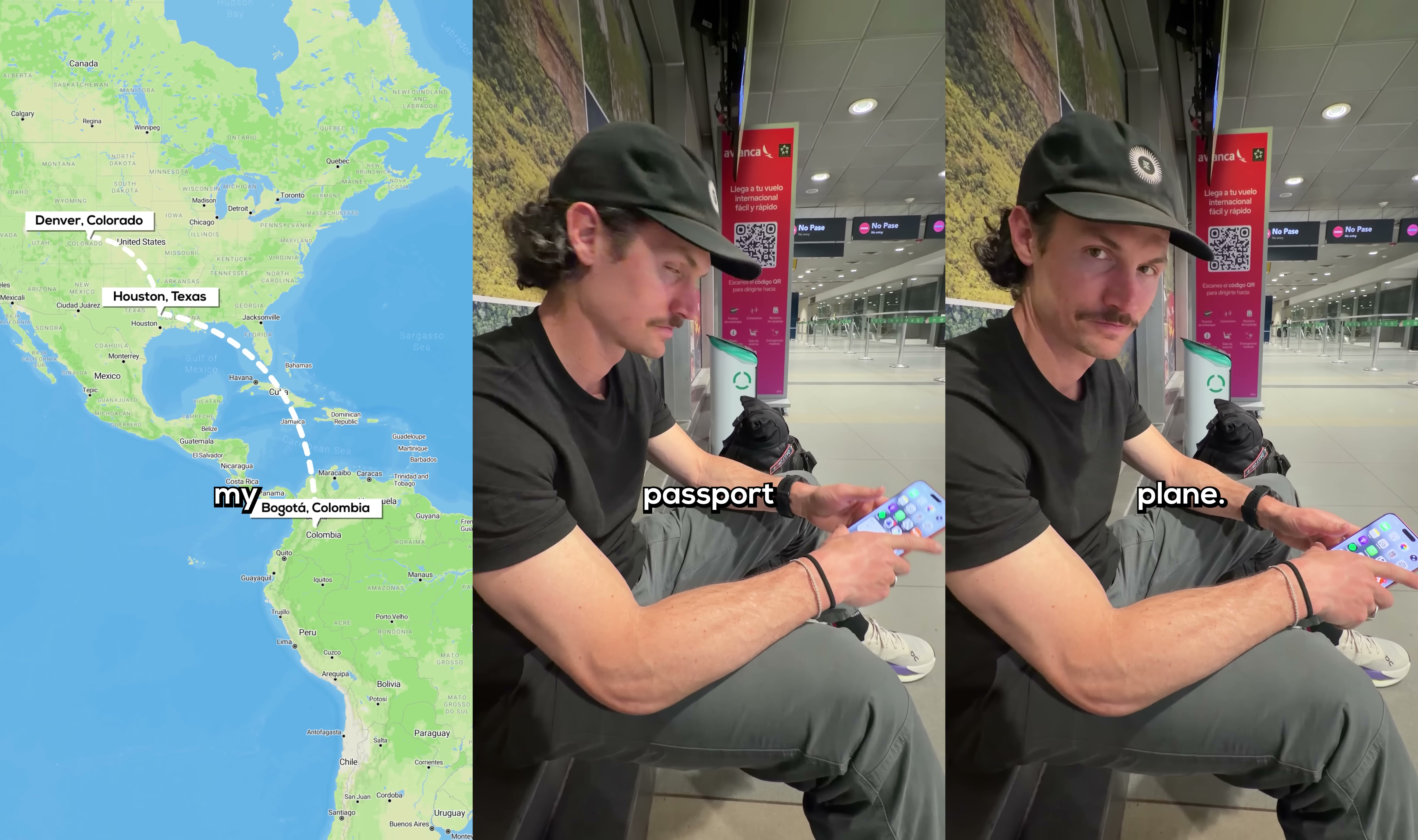 A map animation with markers on Denver and Houston and a dashed route curving toward Bogotá, beside airport frames captioned "passport" and "plane."