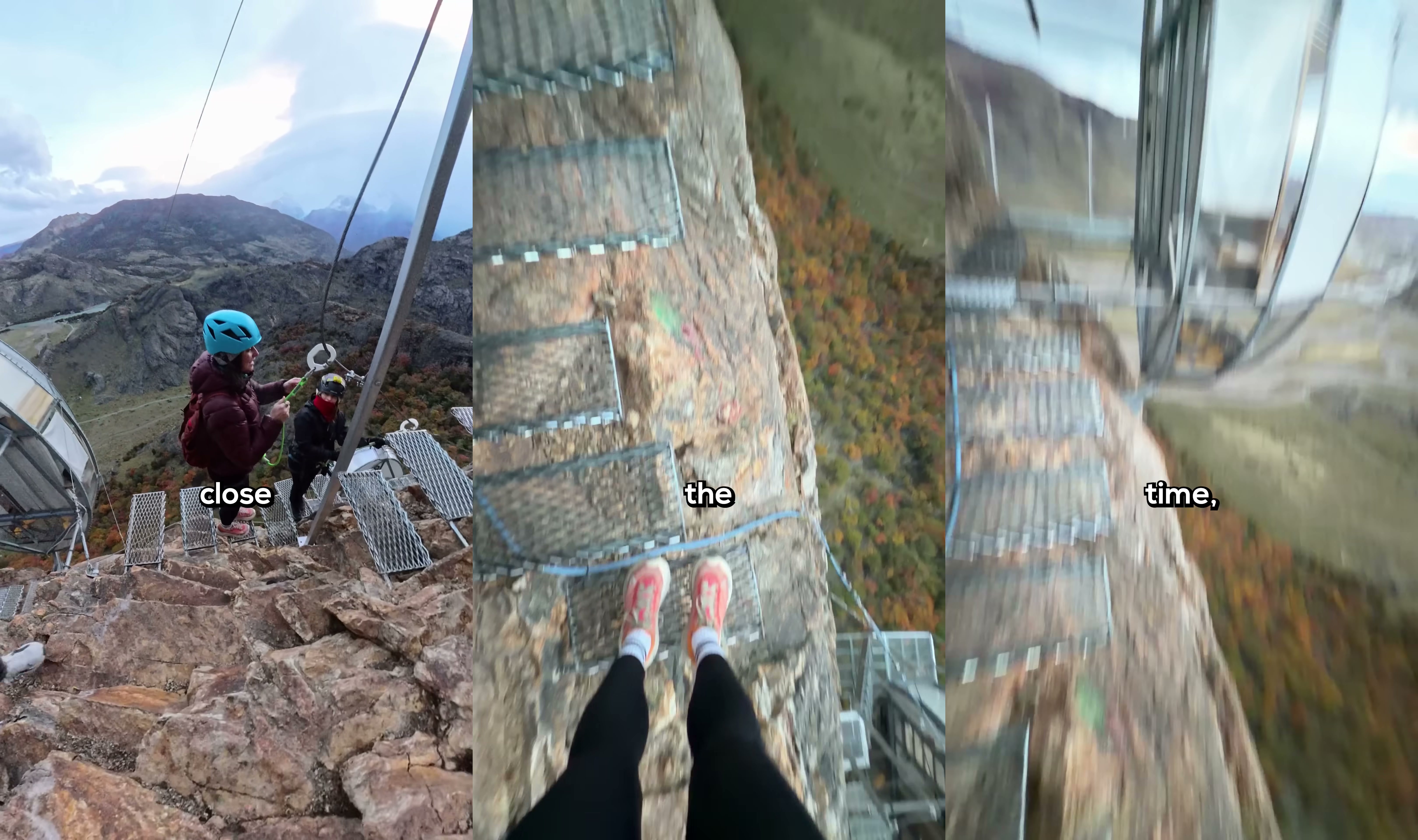 First-person frames of the via ferrata descent: legs stepping down metal rungs on the cliff with the drop visible below