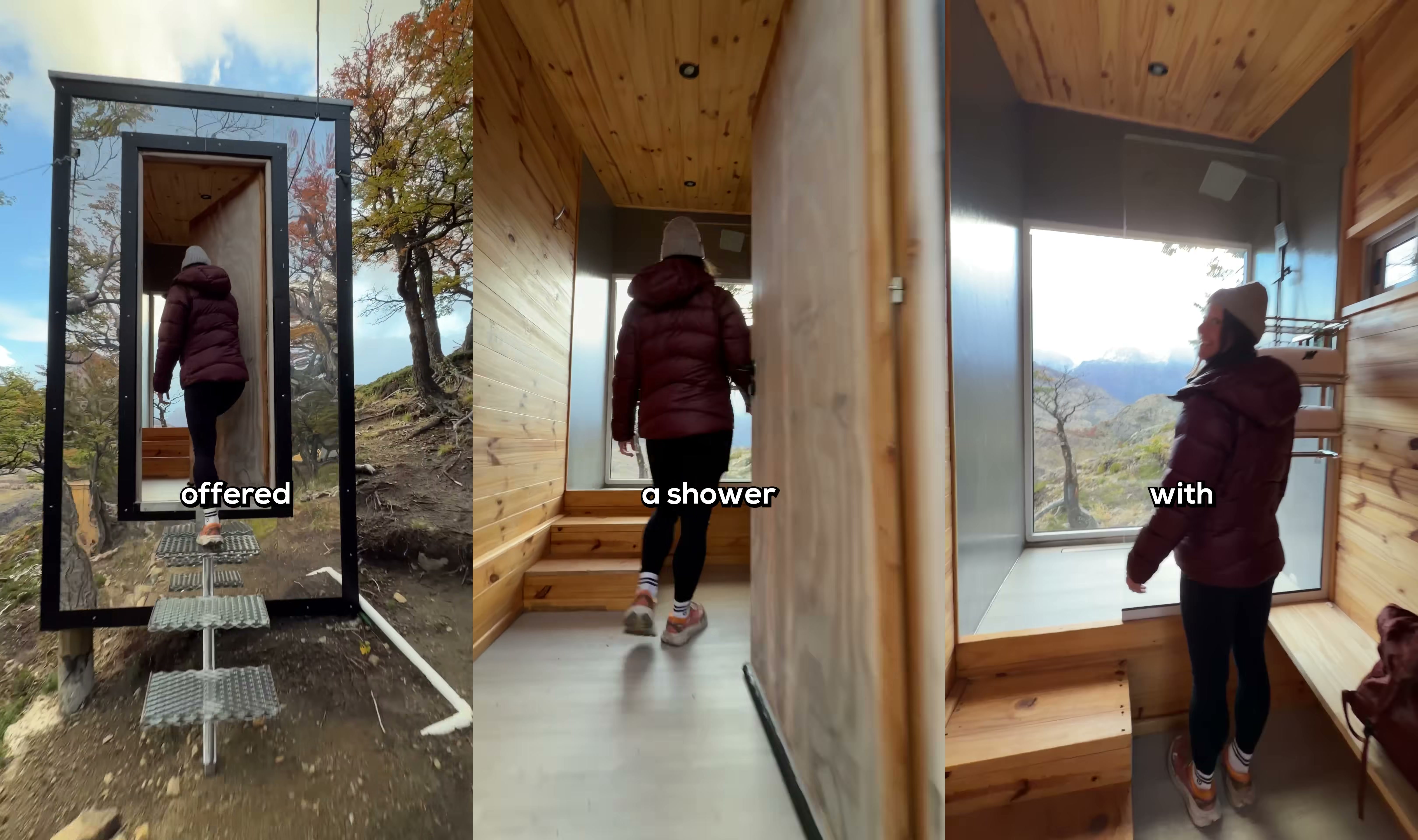 A glass-walled outdoor shower on the mountainside, captioned "offered a shower with"