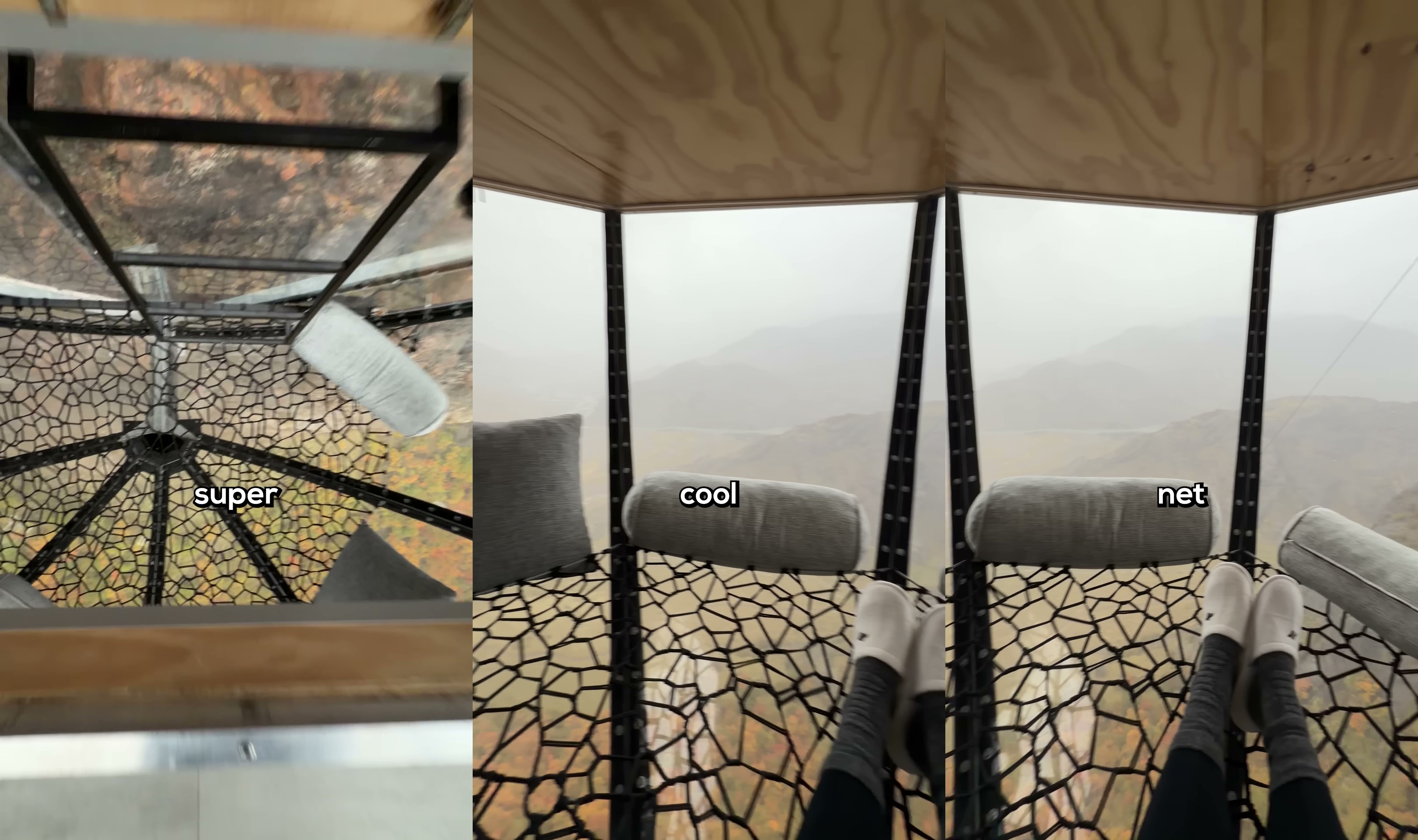 Point-of-view frames of legs on the pod's rope-net floor with the valley visible through the mesh, captioned "super cool net"